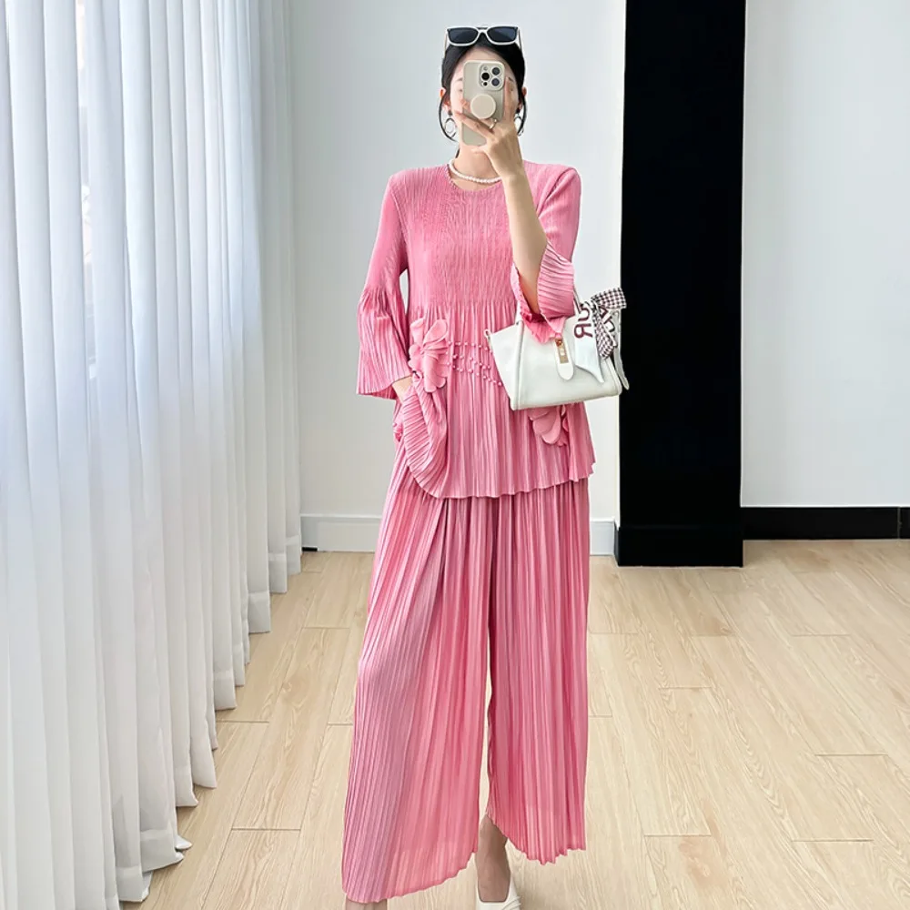 

Miyake Pleated Beaded Two-piece Fall New Temperament Loose Tops Women's Casual Big Yards Wide-legged Pants