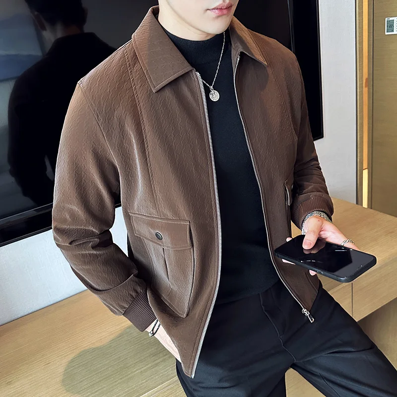 

Men Spring High Quality Bright Surface Casual Leather Jacket/Male Slim Fit Business Lapel Fashion Leather Jacket/Men Coat 3XL-M