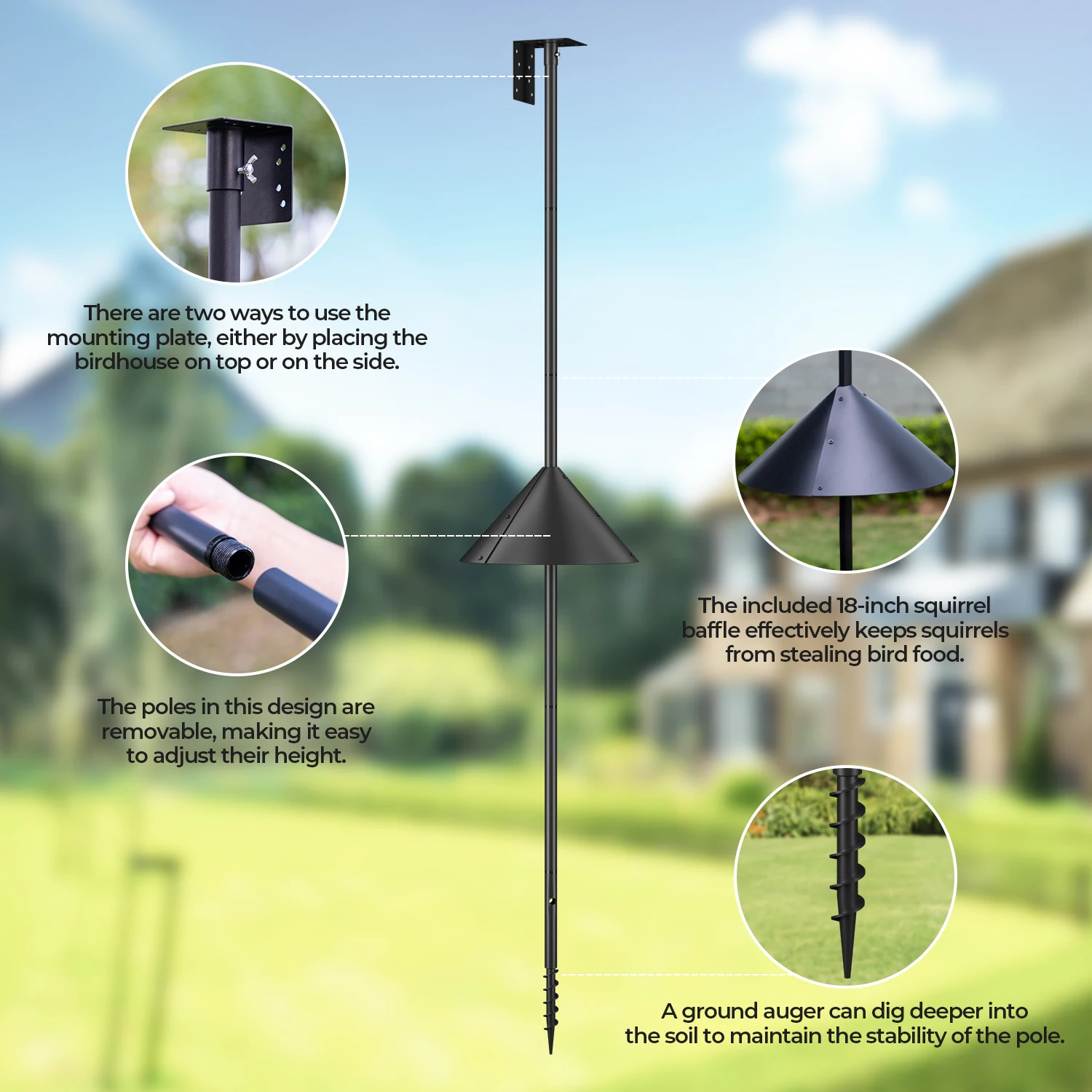 92Inch Bird House Pole Mount Kit,Bird Feeding Station With Squirrel Proof Baffle For Bird Watching Easy Installation Multifuncti