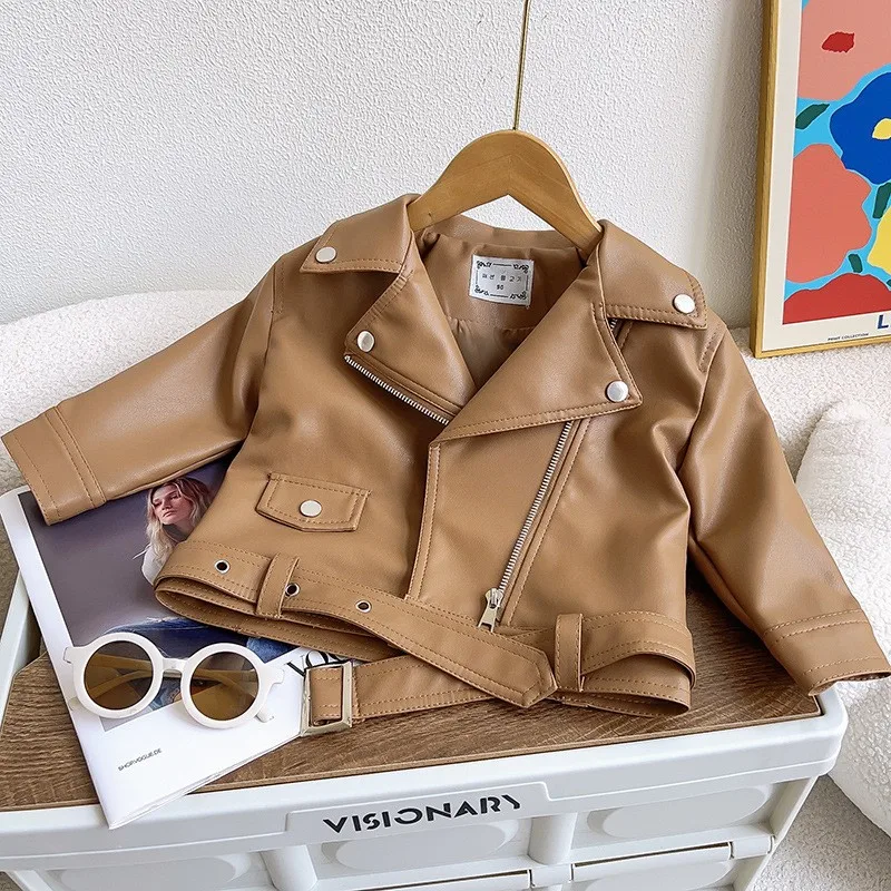 PU Leather Jackets Kids Boys Girls Autumn Spring Classics Lapel Zipper Outerwear Fly Coats Casual Clothing 1-8 Years