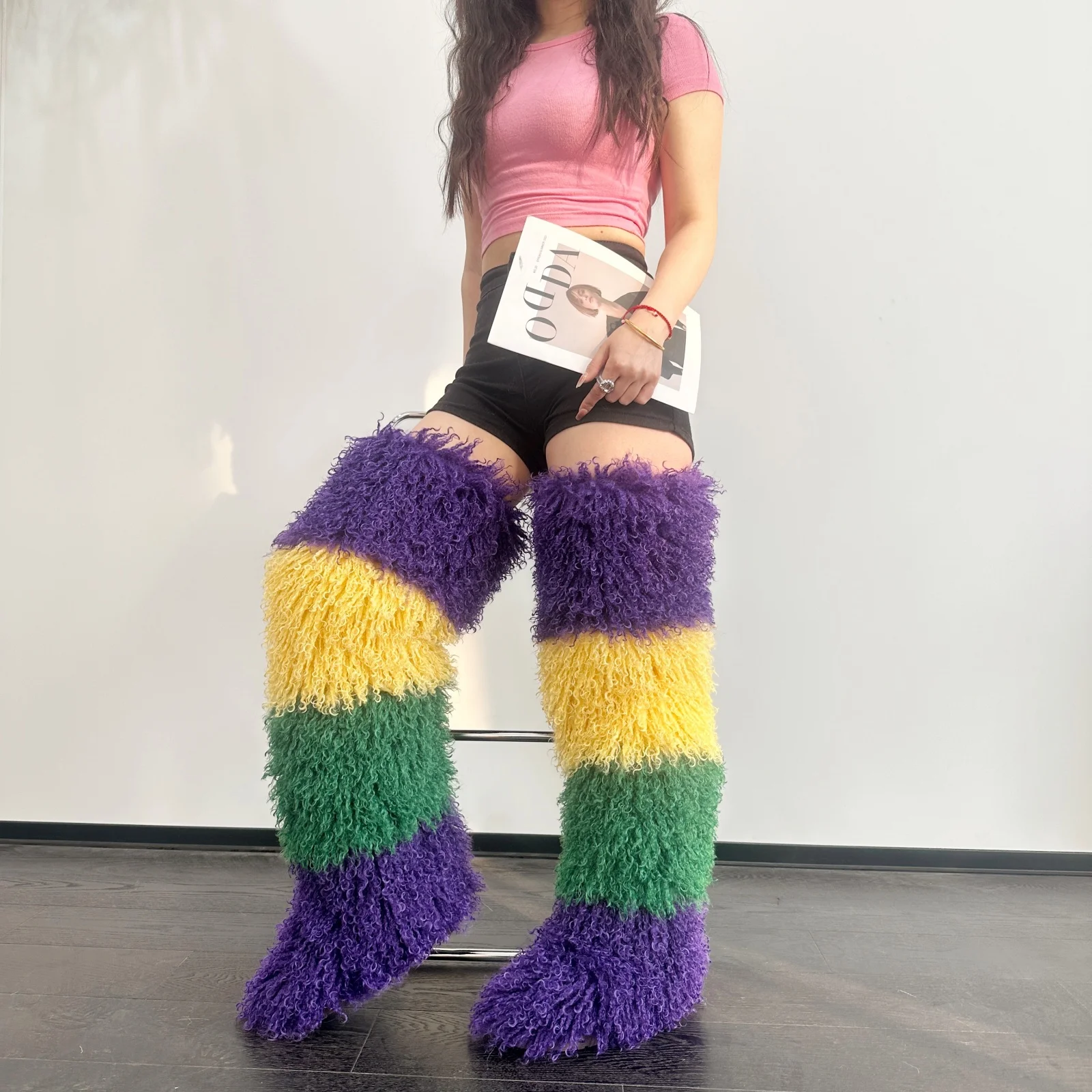 Womens 29 Inch Over The Knee Faux Mongolian Thigh Highs Faux Fur Boots Y2k Fluffy Mardi Gras Mambo FurBoots Boots