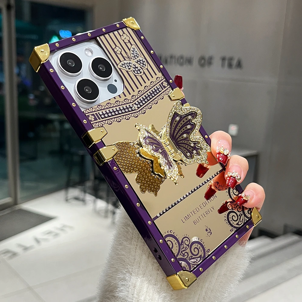 Luxury Diamond Butterfly Stand Phone Case with Mirror Shockproof Protection