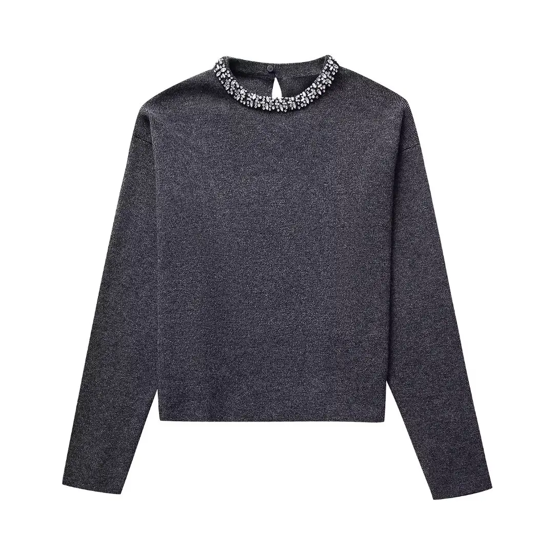 

Women New Fashion Neckline with diamond decoration Cropped Casual Knitted Sweater Vintage Long Sleeve Female Pullovers Chic Tops