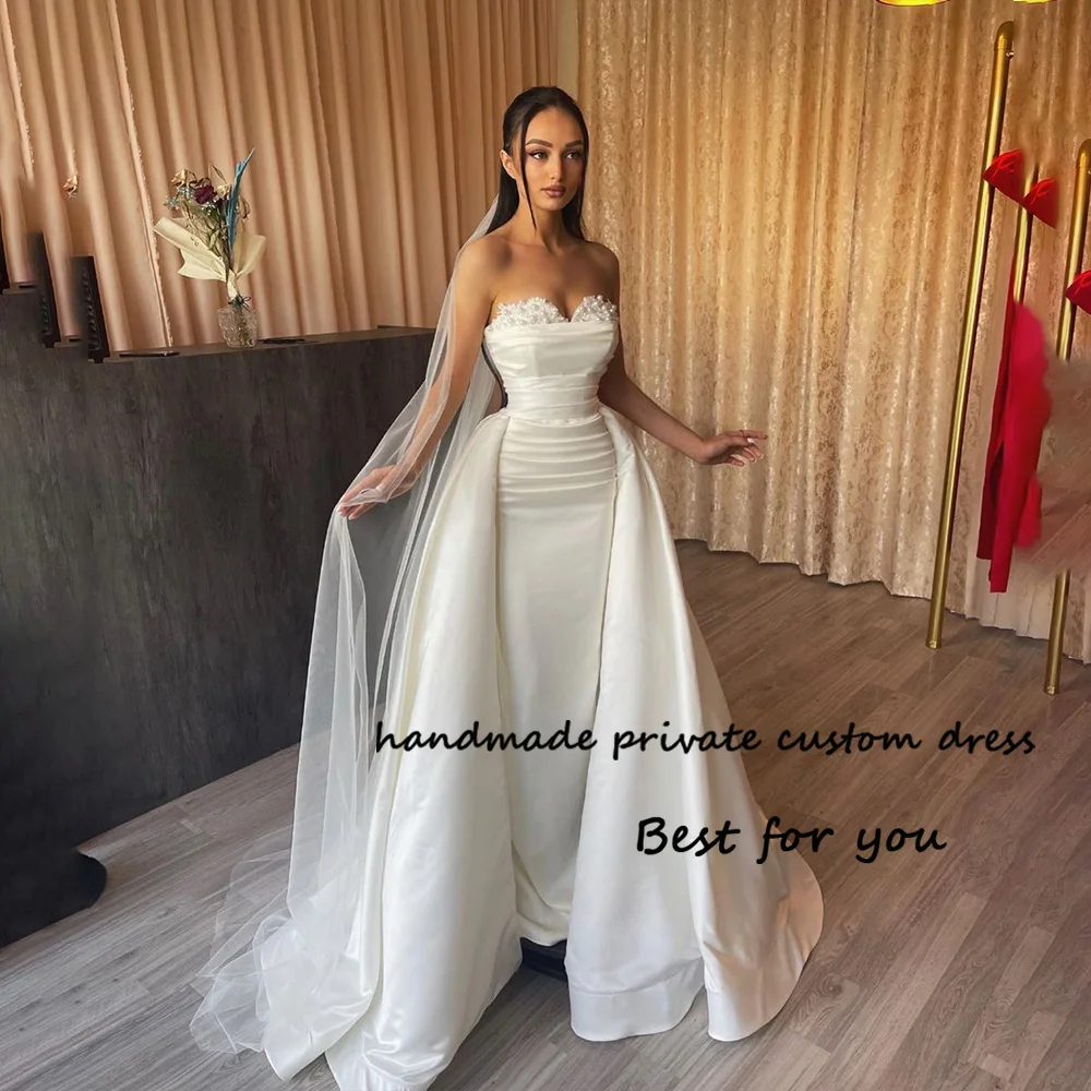 

White Mermaid Wedding Dresses for Bride with Train Pearls Sweetheart Pleats Satin Tight Bridal Gowns Customized