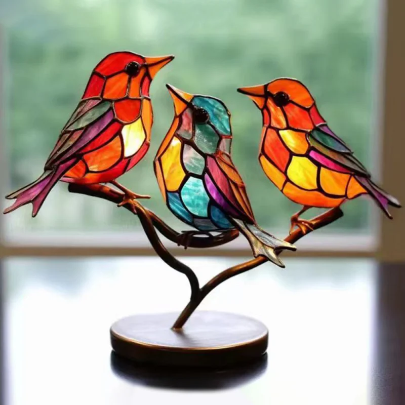 

Stained Birds On Branch Desktop Ornaments Double Sided Colorful Birds Series Animals Shape Iron Art Craft Home Decorations