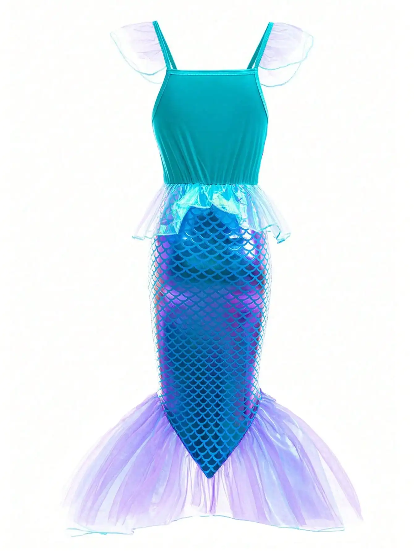 Sommer Neues Mädchen Meerjungfrau Flügelärmel Pailletten Cosplay Kleid Kindertag Halloween Schulparty Kleid für 3 4 5 6 7 8 Jahre – Detail 16