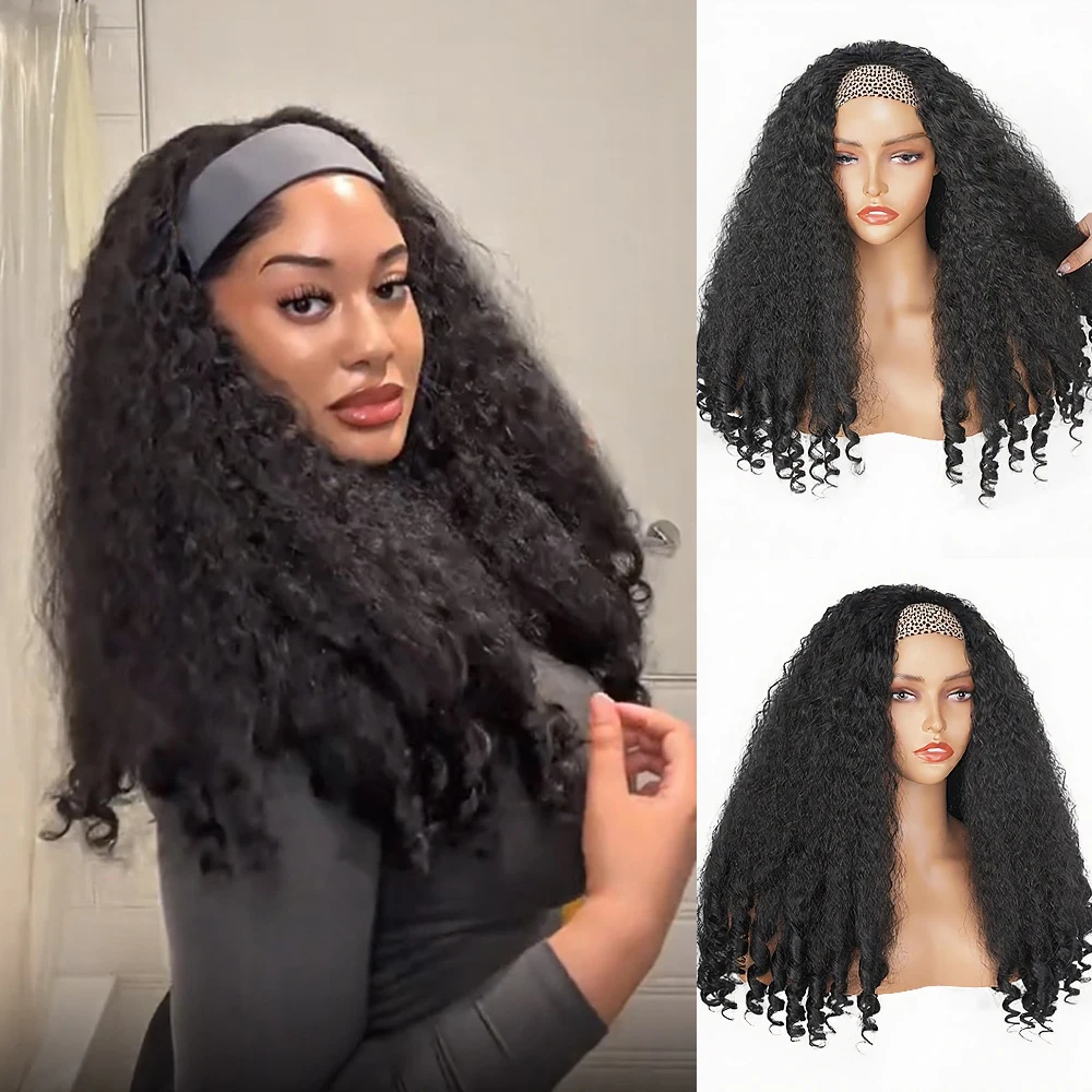 Yaki Headband Afro Curly Wigs Synthetic Kinky Straight with Curly Ends Glueless No Leave Out Clip in Half Yaki Straight Wigs 3
