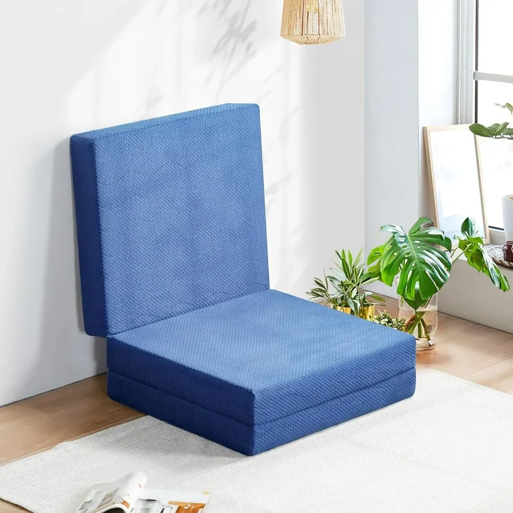 Tri-Folding Memory Foam Mattress Topper, 4 Inch Gel Folding Mattress, Foldable Guest Bed, Washable Cover, Soft, Blue, Twin Size