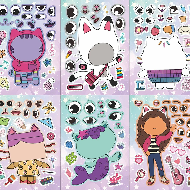 

6Sheets Gabby's Dollhouse Make A Face Puzzle Stickers Cartoon Parent-child Interactive Puzzle Ledger DIY Face Stickers