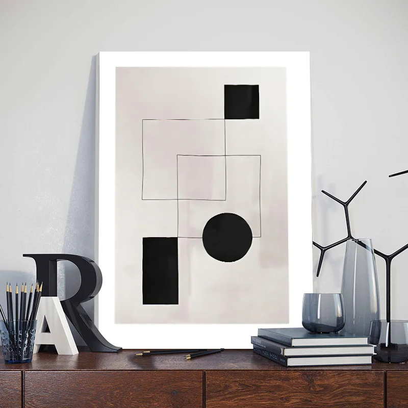Modern Abstract Geometric Canvas Painting with Frame Boho Black White Poster Nordic Living Room Wall Art Pictures for Home Decor