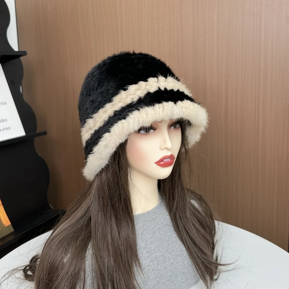 Damen-Mütze aus echtem Nerzfell, elegant, für den Winter, warm, Gehörschutz, Fischermütze, schicker Stil, Geschenk-Eimerhut – Detail 16