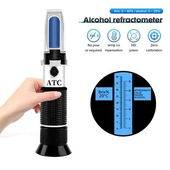Handheld Alcohol Sugar Refractometer Tester Wine Concentration Meter Densitometer 0-25% Alcohol Beer 0-40% Brix Grapes 1