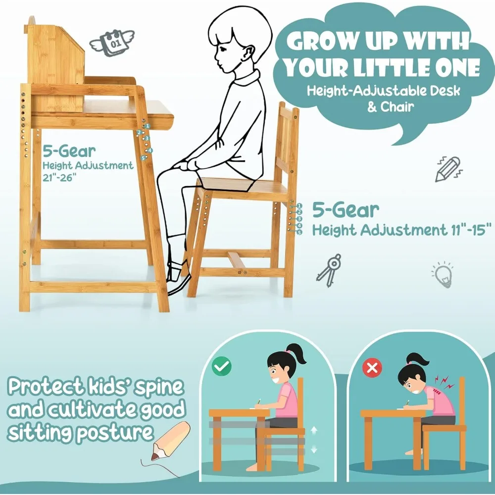 Kids Desk and Chair Set, Height Adjustable Bamboo Desk with Storage Hutch, Student Writing Computer Workstation for Bedroom 3