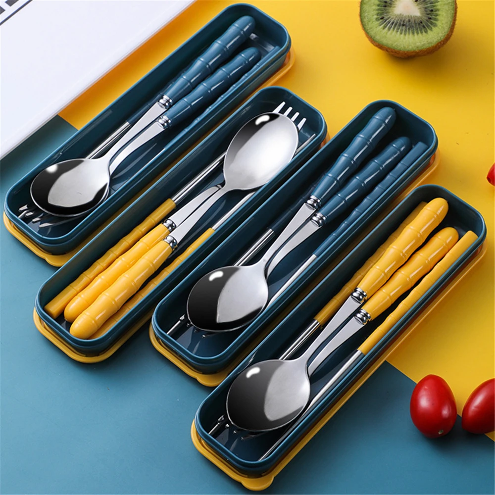 Stainless Steel Portable Cutlery Set Student Work Outdoor Travel Fork Spoon Chopsticks Three-piece Reusable Box