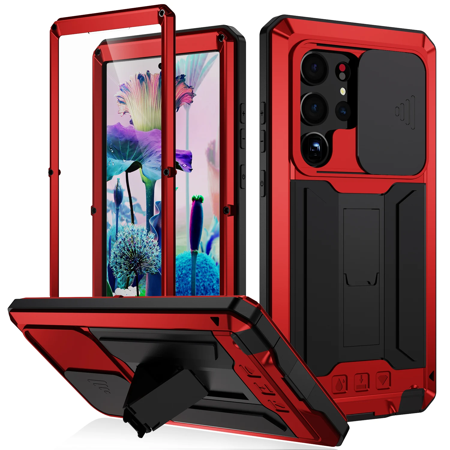 Heavy Duty Shockproof Metal Aluminum Case with Built-in Kickstand and Glass Cover