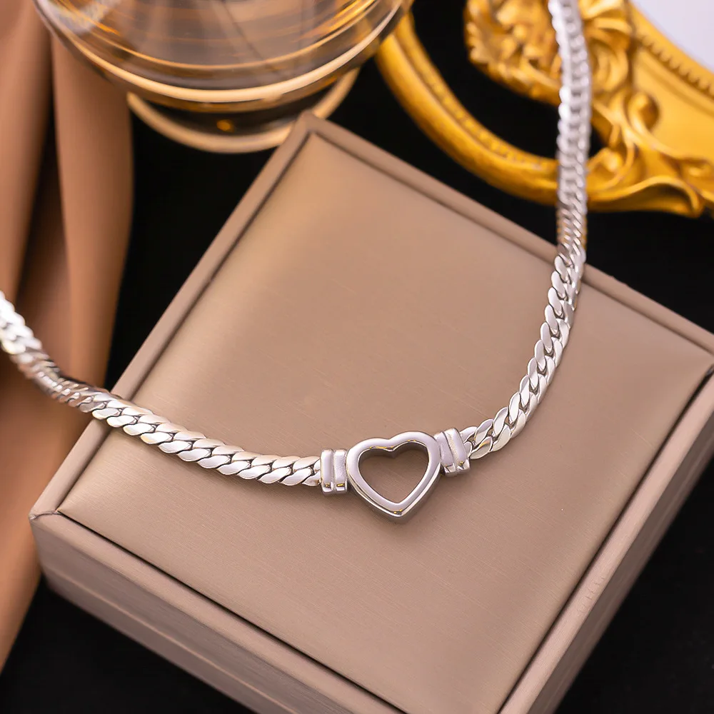 Uwin Stainless Steel Cuban Bracelet Heart Hollow Miami Necklace With Extension Chain Fashion Hiphop Jewelry