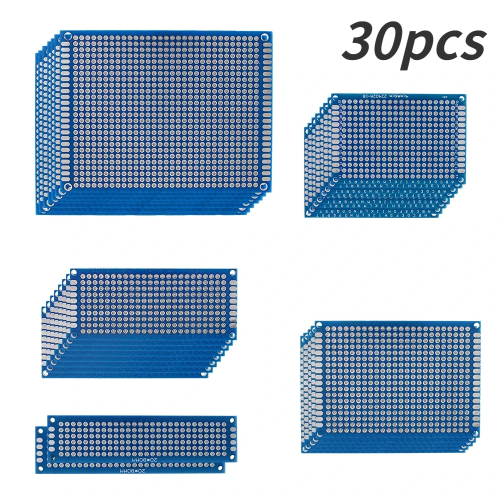 

Двусторонняя печатная плата 2x8 3x7 4x6 5x7 7x9 см, набор 5 размеров, синий Универсальный прототип печатной платы для набора электроники «сделай сам», 30 шт.
