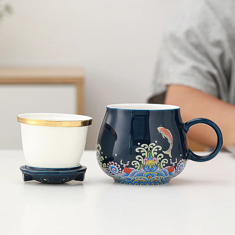 

Ceramic Office Cup Tea Water Separation Tea Cup with Cover Strain Tea Brewing Water Cup Creative Mug National Trendy Style