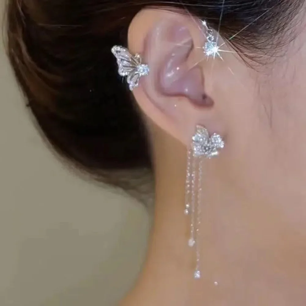 Shiny Zircon Butterfly Ear Cuff Gold Color Tassel Clip Earrings For Women Korean Copper Without Piercing Fashion Jewelry