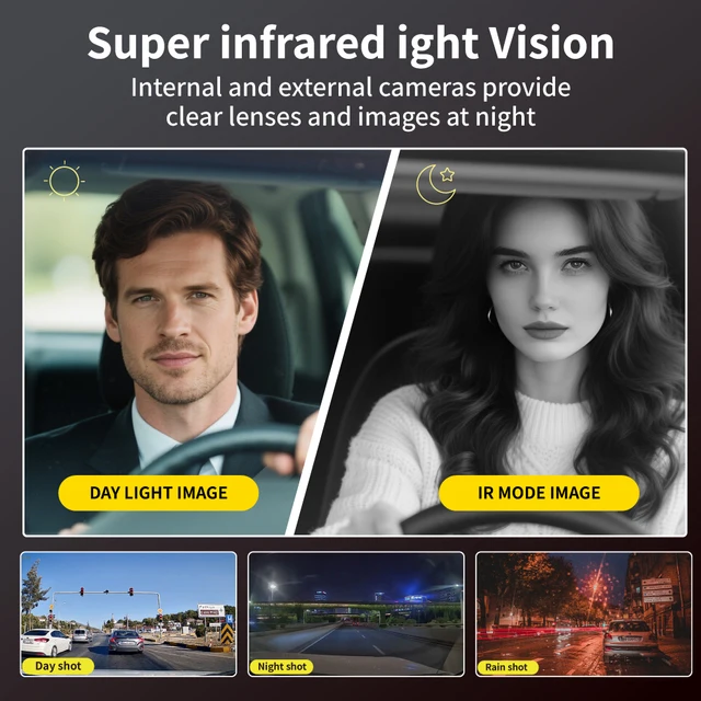 3-Channel Dash Camera for Cars – HD 1080P Front, Inside, and Rear View Recorder with Night Vision and Loop Recording (Black) 3