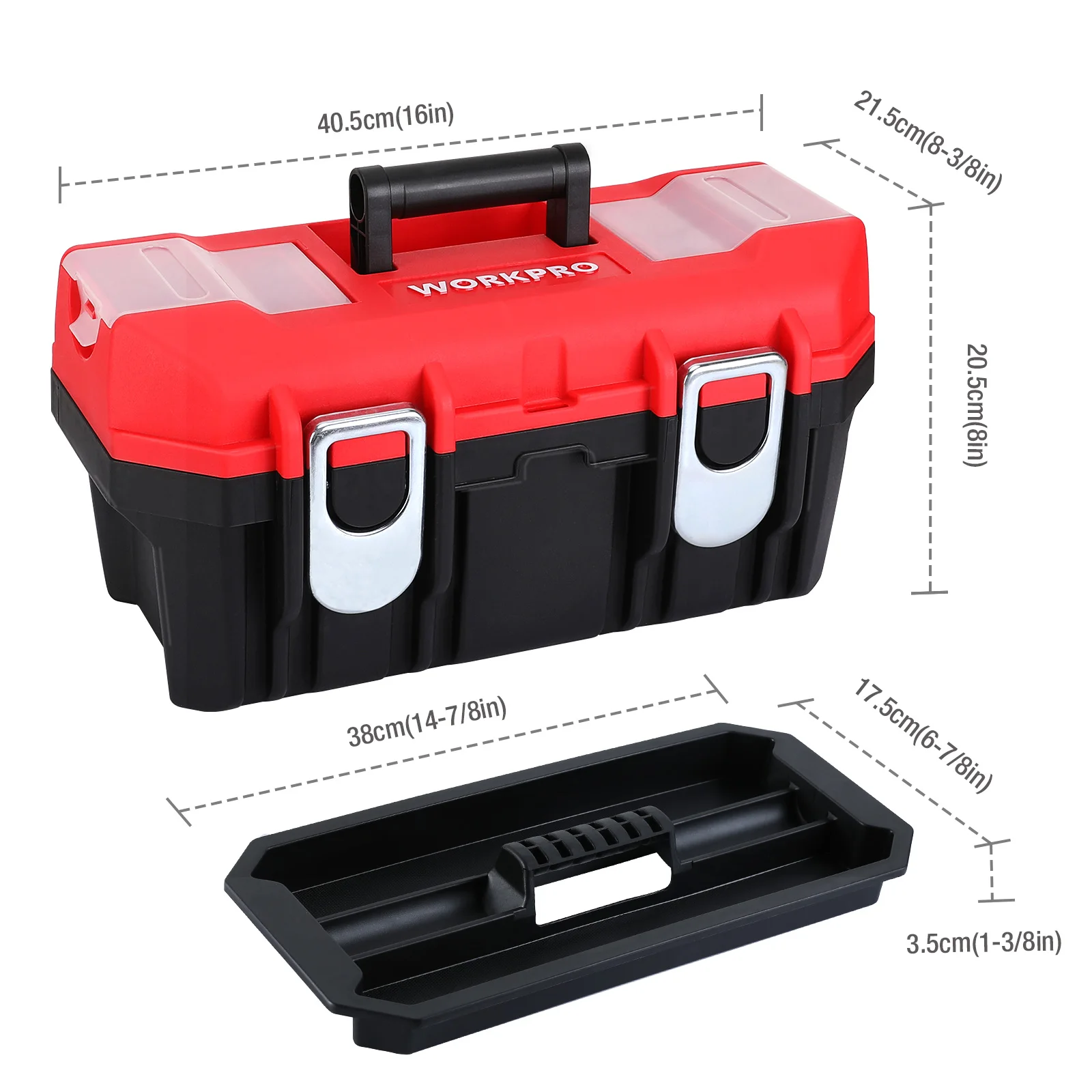 WORKPRO 16" Plastic Tool Box with Tray Waterproof Double Layer Tool Box Storage Multifunction Organizers Case with Handle 2