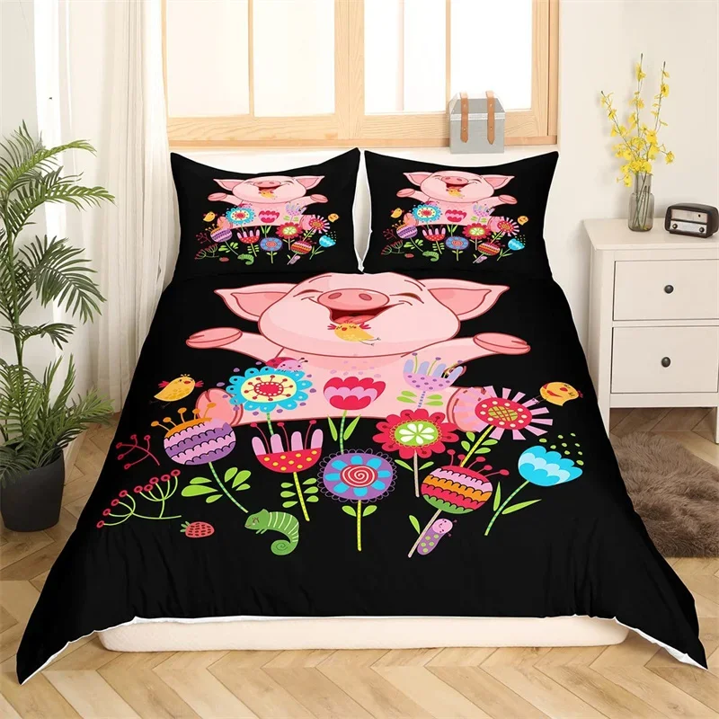 

Cute Pig Duvet Cover King For Kids Boys Girls Kawaii Room Microfiber Pigs Floral Comforter Cover Cartoon Farm Animal Bedding Set