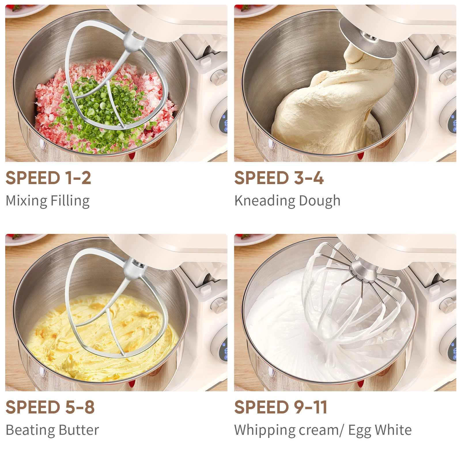 BioloMix Kitchen Food Stand Mixer, 1200W 11-Speeds DC Motor, Digital OLED Screen, Electric Food Mixer with Dough Hook, Whisk 3