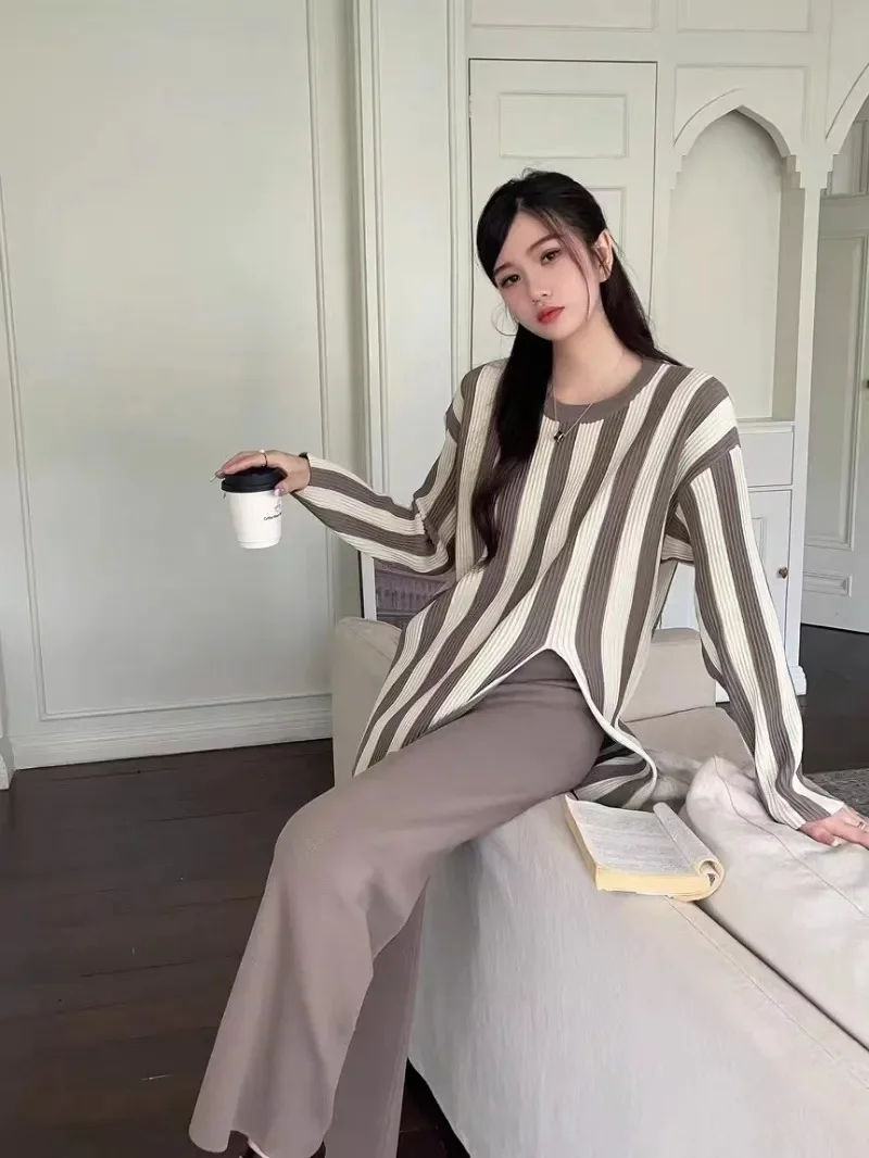 Striped Knitwear Fashion 2 Piece-Set For Women Contrast Long Sleeve Split Straight Trousers Outfits Women's Pants Sets