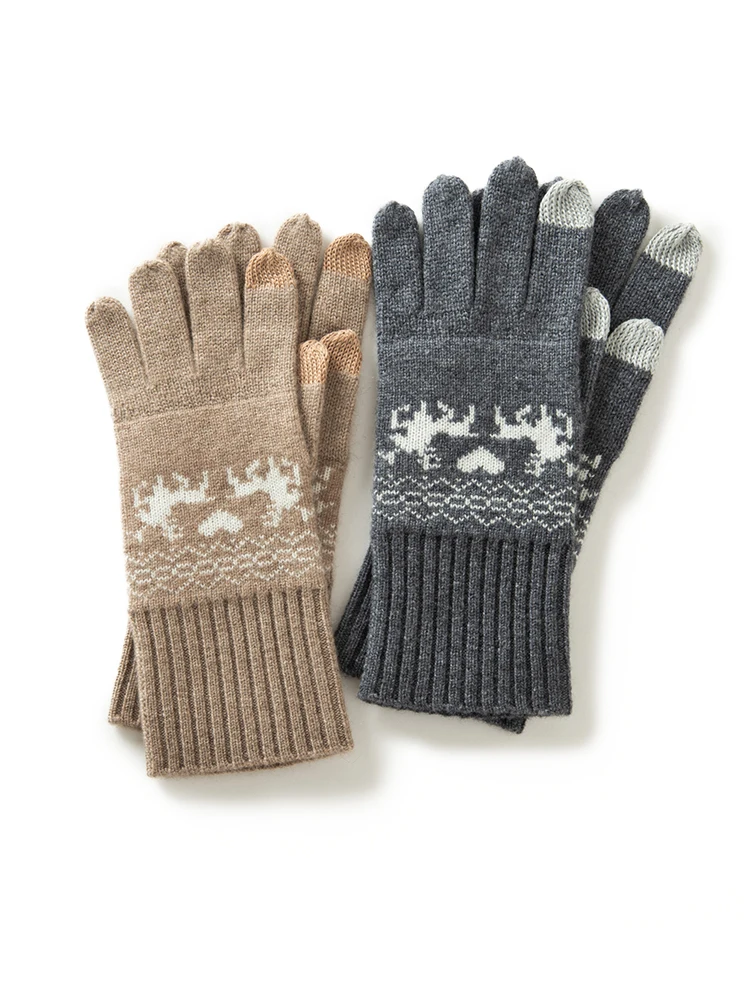 Women 100% Cashmere Knit Jacquard Gloves touchscreen Autumn Winter Christmas Gloves Warm Wrist Length Classic Female Mittens