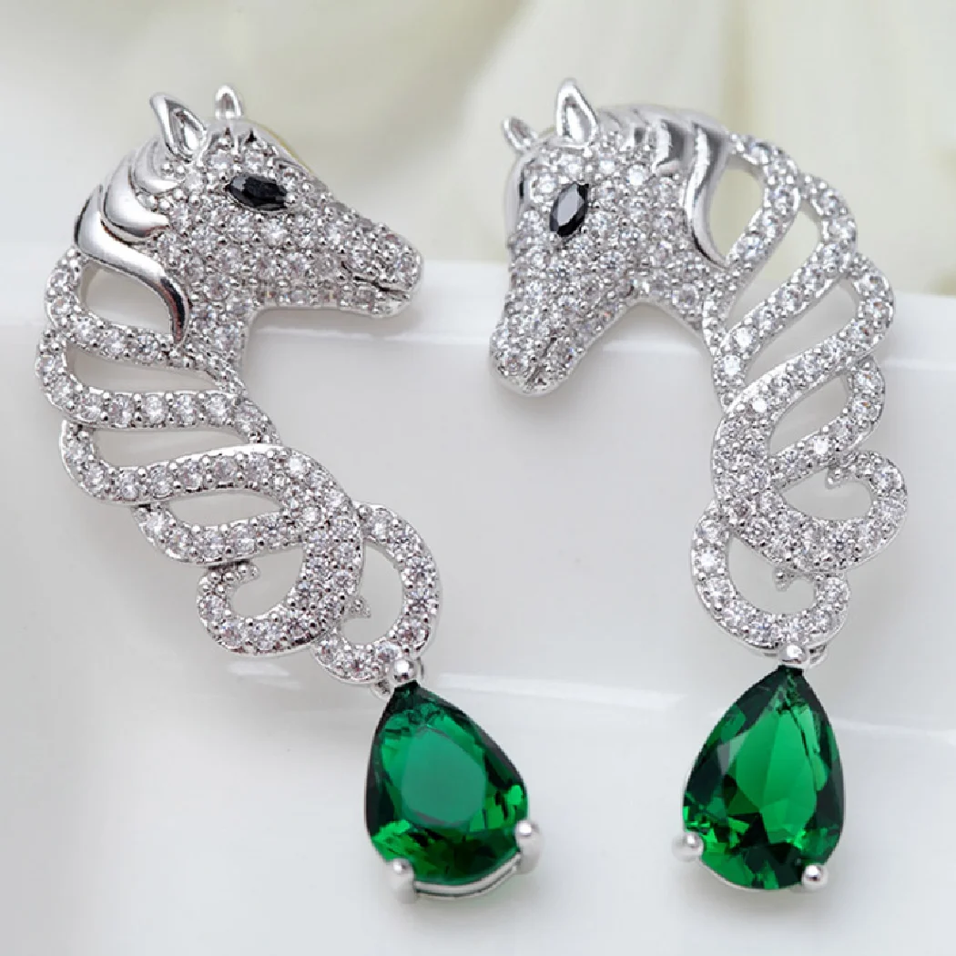 

Trendy jewelry classic Green white clear water drop cubic zircon stud animal earring jewelry horse shape wedding copper ears