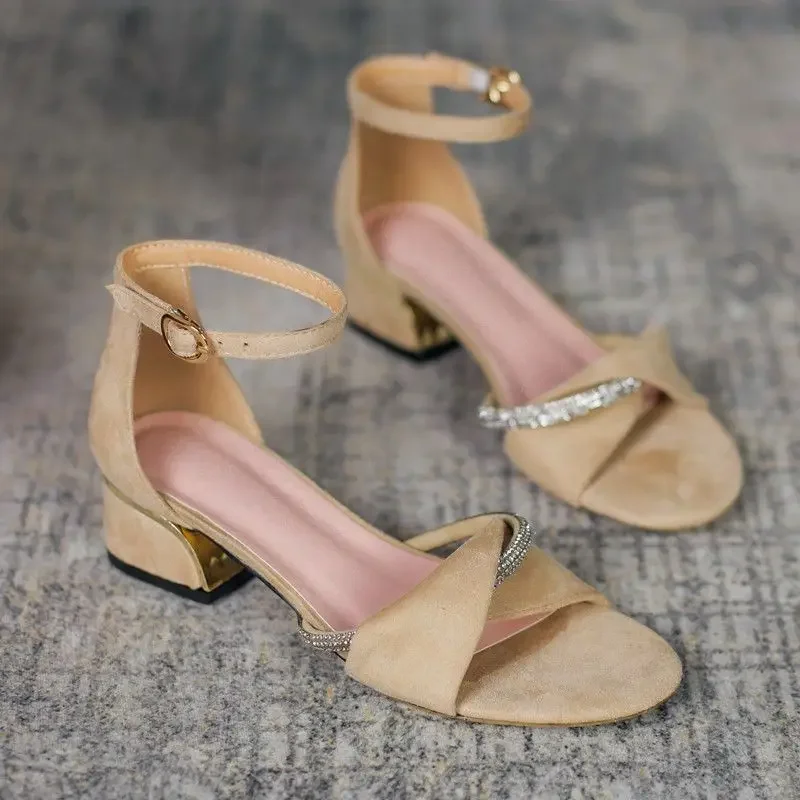 One Word High Heels with Strap Ladies Shoes Summer 2025 Thick Heel