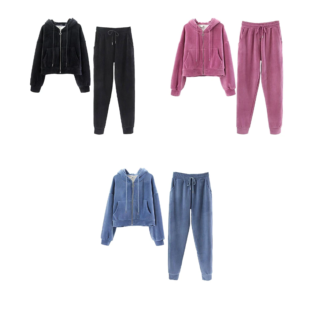 

Winter Women Running Jogging Sports Clothes Set Girls Long Sleeve Front Zipper Hoodie Trousers Kit Clothing Black L