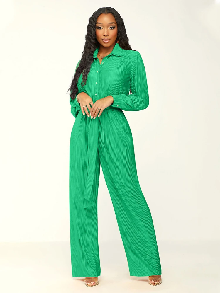 Long Sleeved Wide Leg Jumpsuit Women 2023 Autumn/Winter New Fashionable Pleated Lapel Women's Clothing for Leisure, Commuting