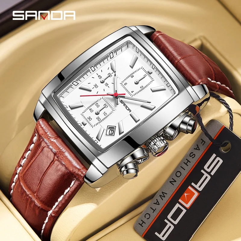 Sanda 5303 Rectangle Dial New Design Soft Leather Strap Water Resistant Quartz Movement Business Men Wrist Stop Hand Watch