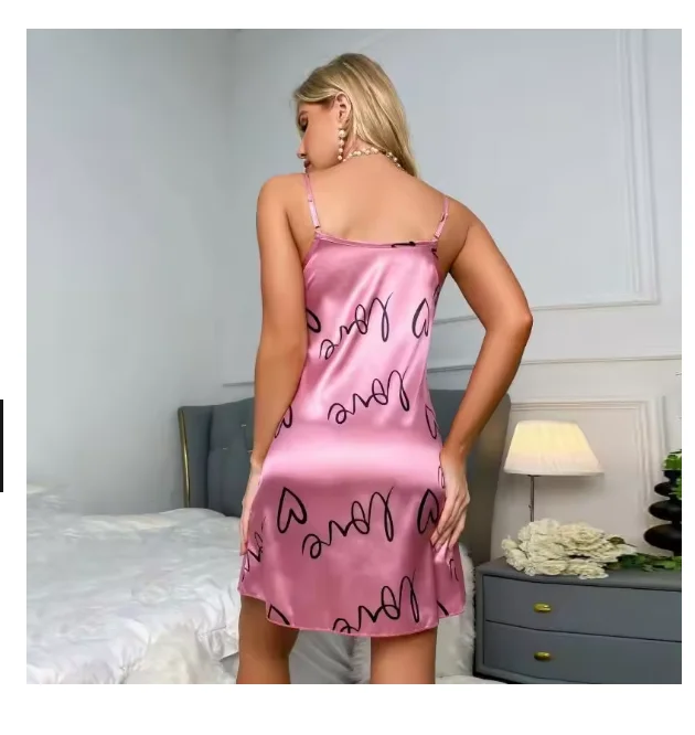 Women Lingerie Sleepwear Heart Print Nightdress Scoop Neck Criss Cross Back Nightgowns Pajamas Nighties