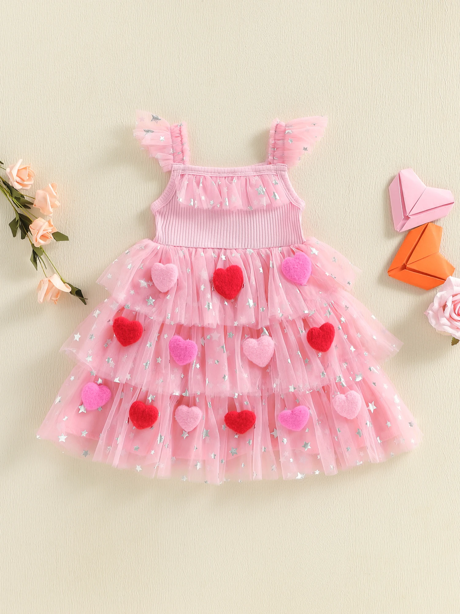 Girls Sequin Embellished Tulle Dress with Ruffle Sleeves and Square Neckline Heart Appliques Star Print A Line Dress