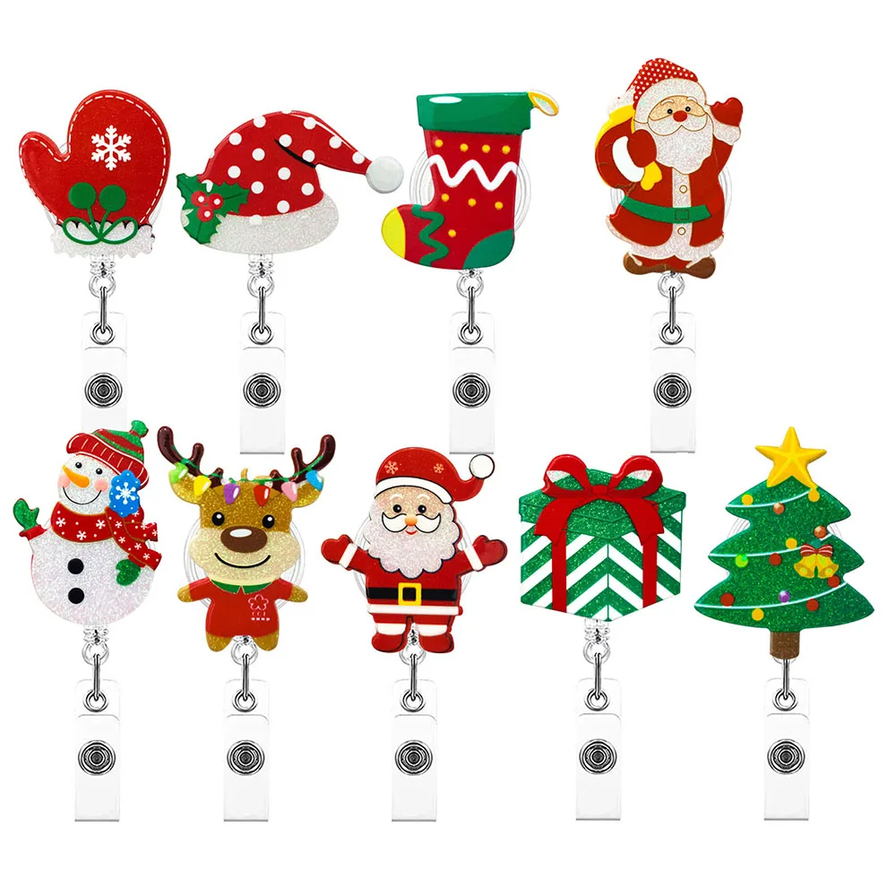 

Christmas Acrylic Glitter Nurse Badge Cartoon ID Card Holder Cute Telescopic Buckle Christmas Style Clip Holder Office Supplies