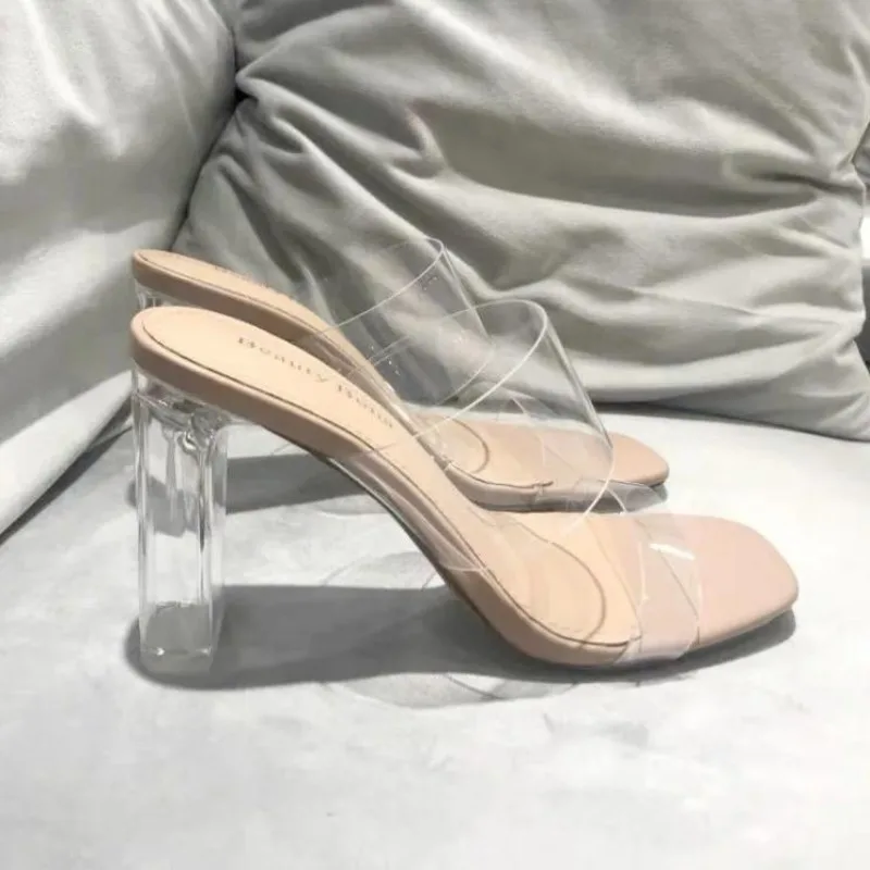

Elegant women's Slippers Fashion Luxury women Pumps PU Open Toe female Heel shoes New indoor Clear woman shoes sapatos feminino