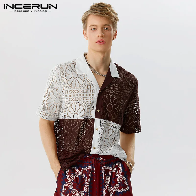 INCERUN Tops 2023 American Style Men's Contrasting Mesh Knitted Blouse Casual Vacation Hot Sale Male Short Sleeved Shirts S-5XL