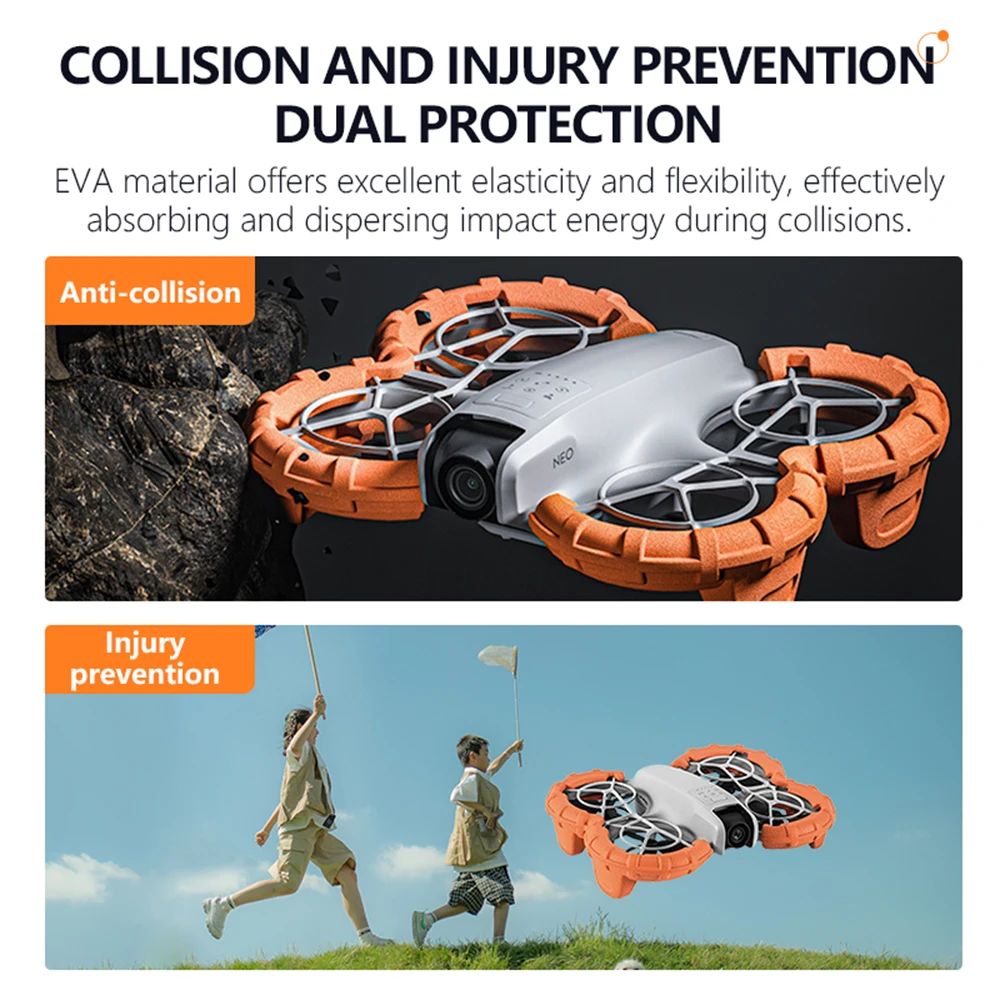 Gros plan sur l'anneau EVA orange protégeant les hélices du DJI Neo 2, texture visible.
