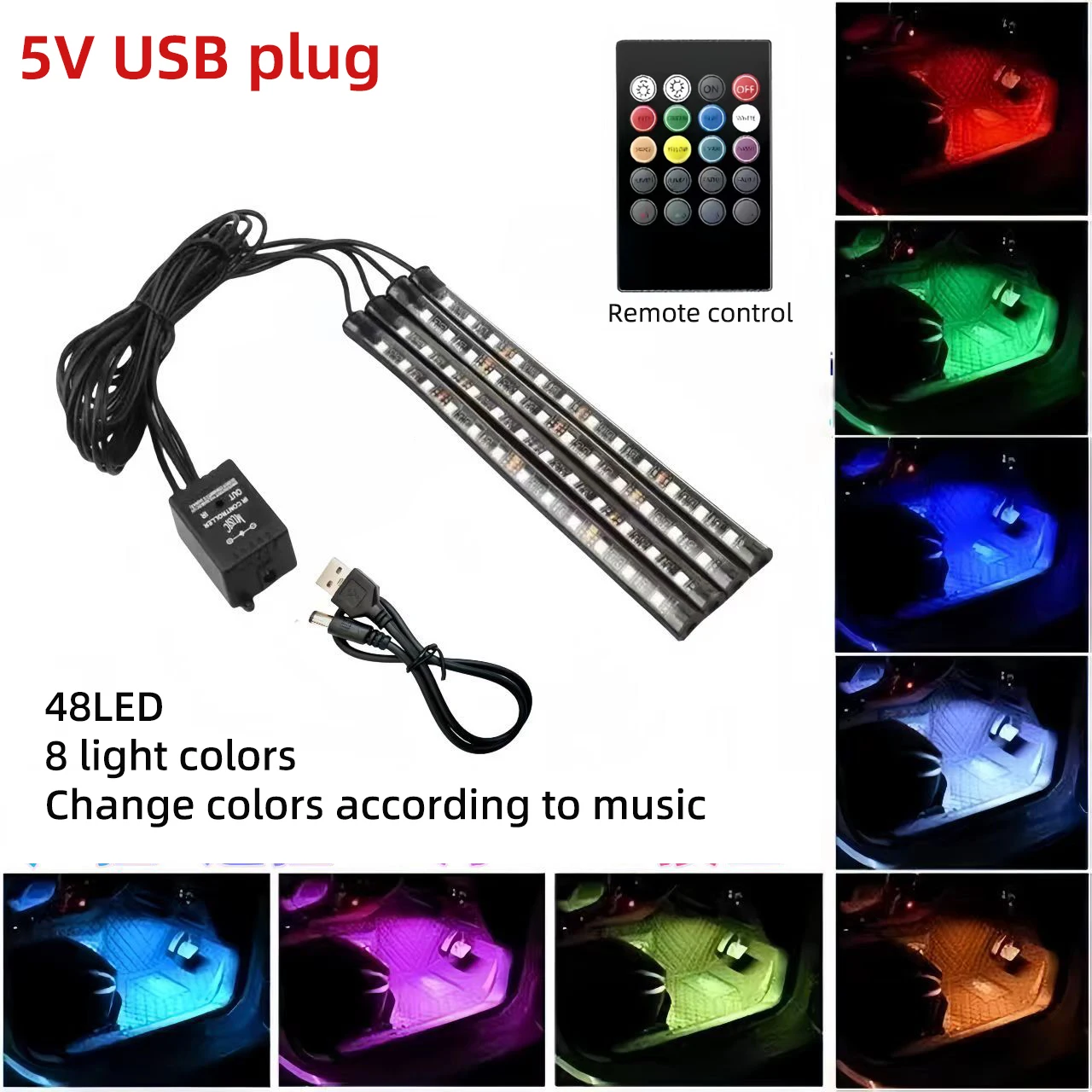 Color-Changing LED Car Interior Ambient Light Kit with Remote and App Control