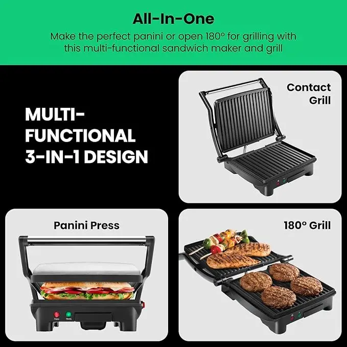 Panini Press Grill and Gourmet Sandwich Maker Non-Stick Coated Plates, Opens 180 Degrees to Fit Any Type or Size 3
