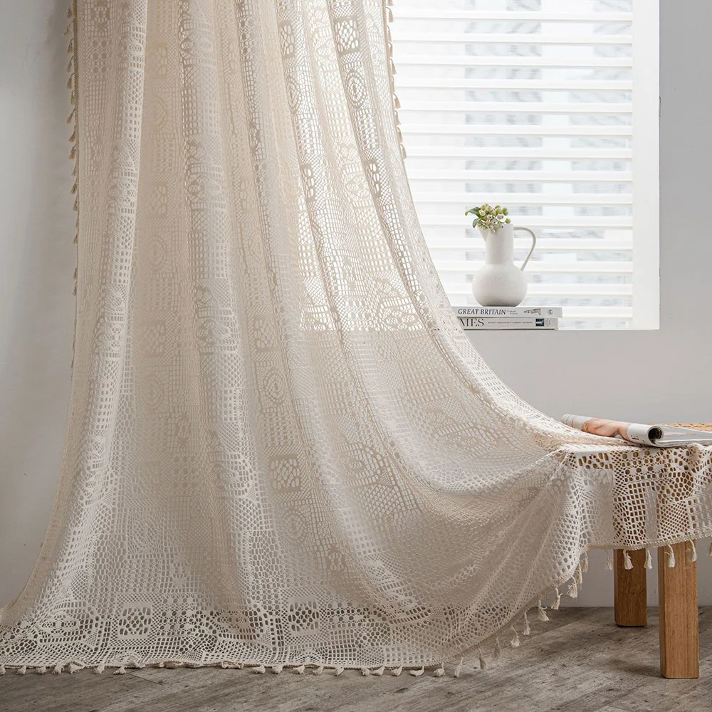 

Beige Chic Crochet Knitting Curtain Cotton Sheer Drapery with Tassel for Living Room Bedroom Decoration Checkered Pattern