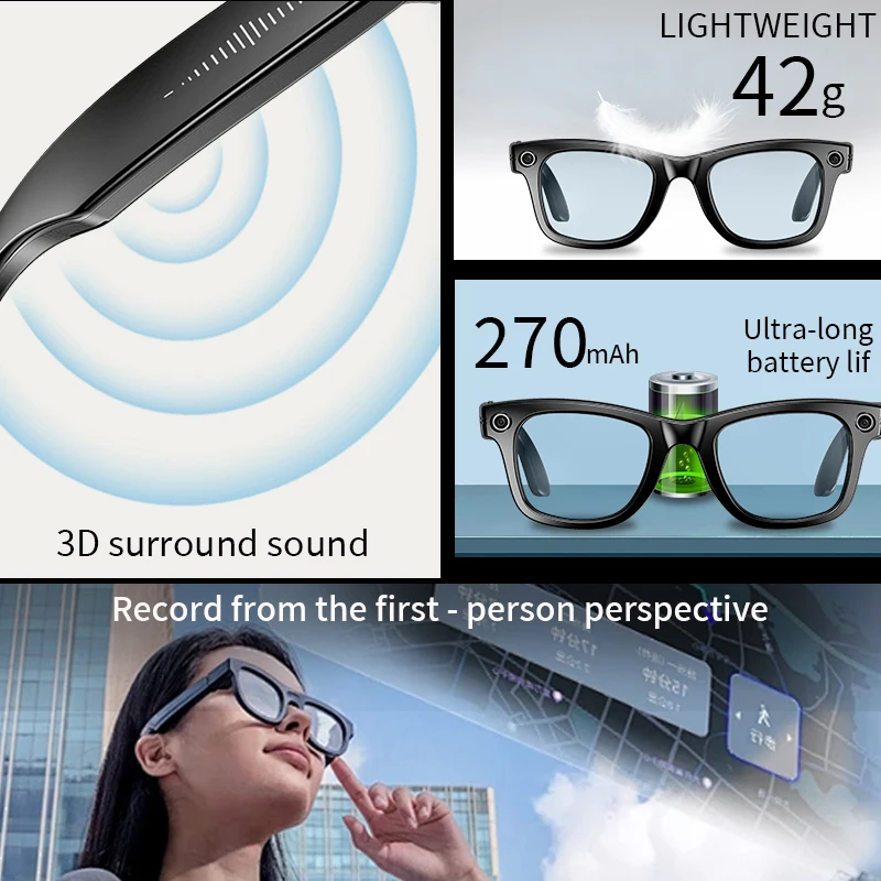 LIGE Camera Glasses AI Smart Bluetooth Glasses Anti-Shake Function HD Camera Video Recording Call Music Sunglasses for Man Woman
