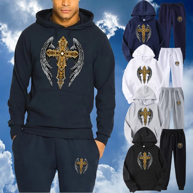 

Wings Cross Print Hoodies Sweatshirts Warm Men Streetwear Solid Pullover Tops Hoodies Men New 2023 Autumn Winter Man Sweatshirt