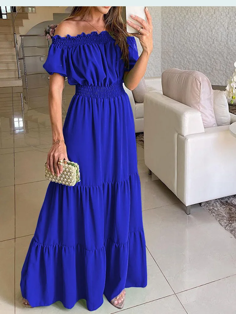 “Vestido longo azul royal feminino elegante ombro a ombro”