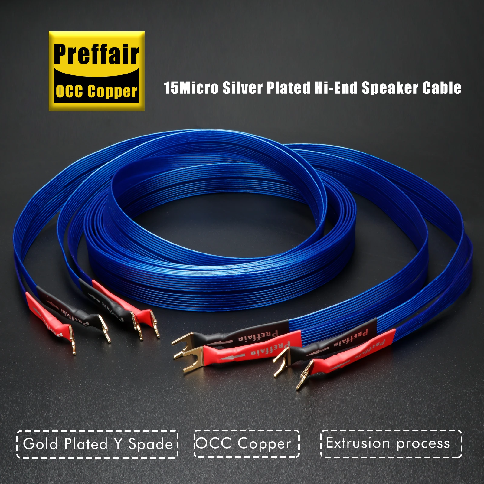 Pair OCC Speaker Cable Blue Ribbon Horn Banana Y Plugs Cable flat belt structure for Speaker Amplifier High fidelity sound