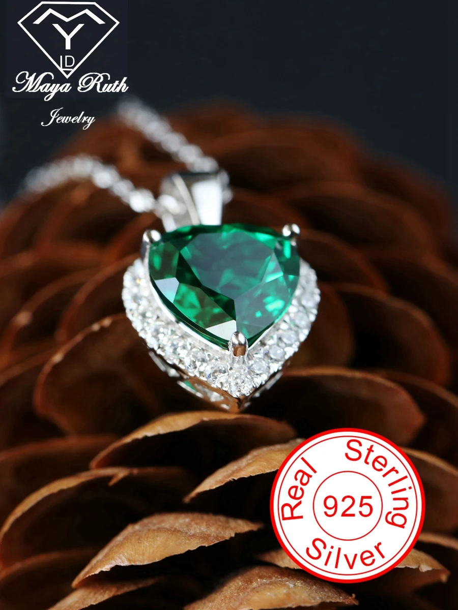 Created Emerald Pendant 925 Sterling Silver Party For Women Imitation Green Heart Shape Gemstone Necklace Female Anniversary