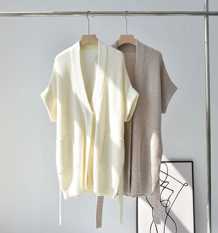 

Early Autumn Women Lace-Up 100% Woo Knit Cardigan Jacket L V-Neck Solid Color Short Sleeve Sequin Decoration Coat for Lady 2023