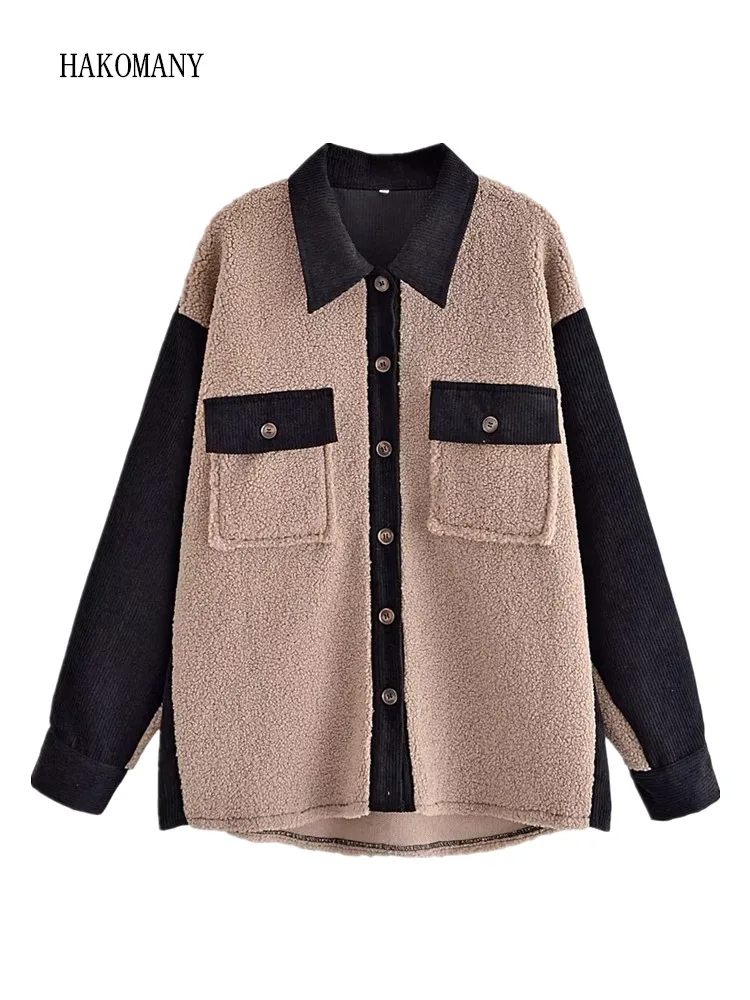 

2022 Women Lapel Pockets Furry Center Buttons Warm Jacket Outerwear Autumn Winter Khaki Lamb Fur Spliced Black Corduroy Coat
